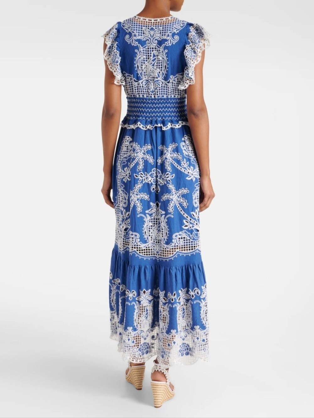 Farm Rio Boho Lace-Trim Maxi Dress Womans M Blue & White Eyelet - Picture 9 of 16